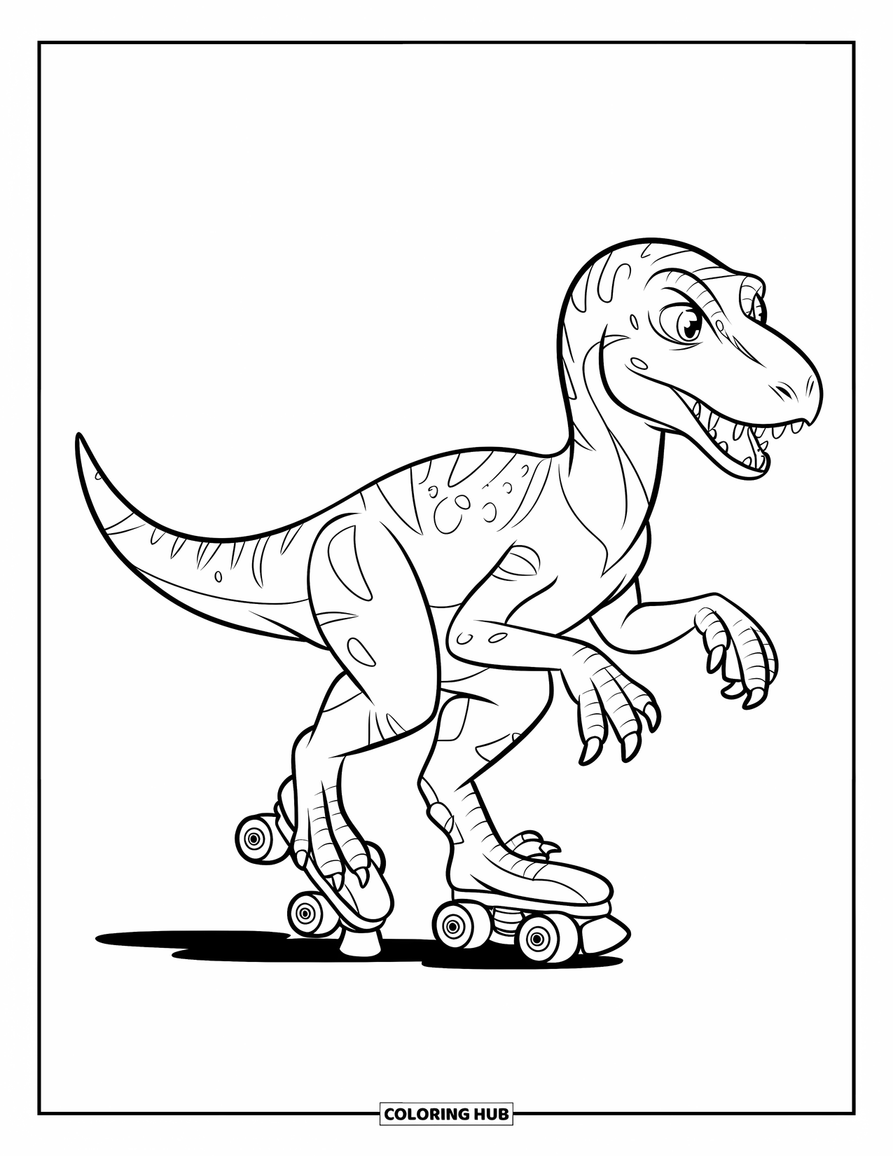 Dinosaurus Kleurplaat voor Kinderen: Een Velociraptor probeert zijn evenwicht te bewaren op rolschaatsen