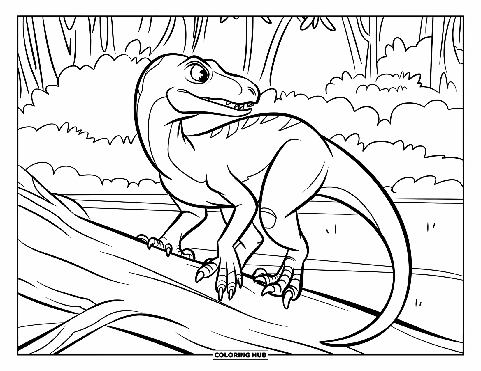 Dinosaurus Kleurplaat voor Kinderen: Een Velociraptor bekijkt zijn omgeving vanaf een omgevallen boom