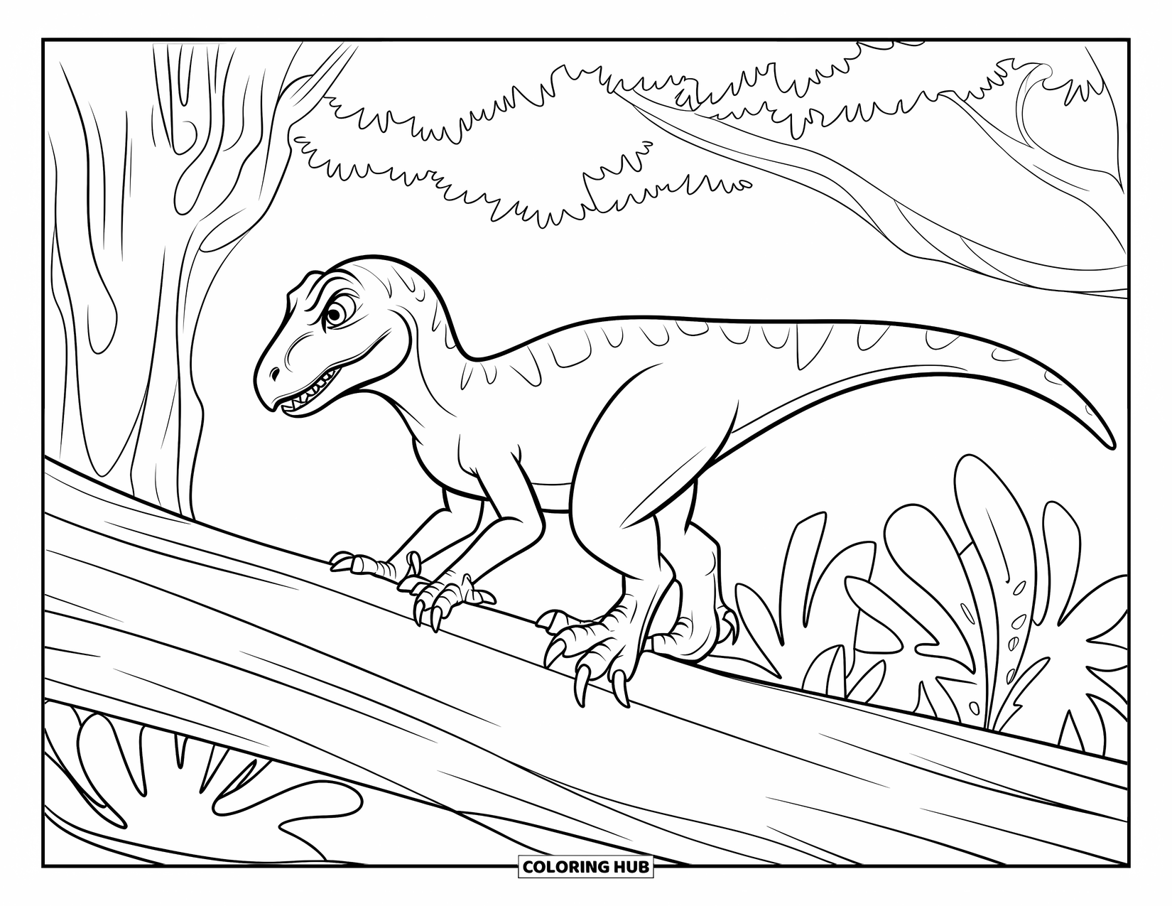 Dinosaur Kleurplaat voor Kinderen: Een Velociraptor met scherpe klauwen zit op een omgevallen boom