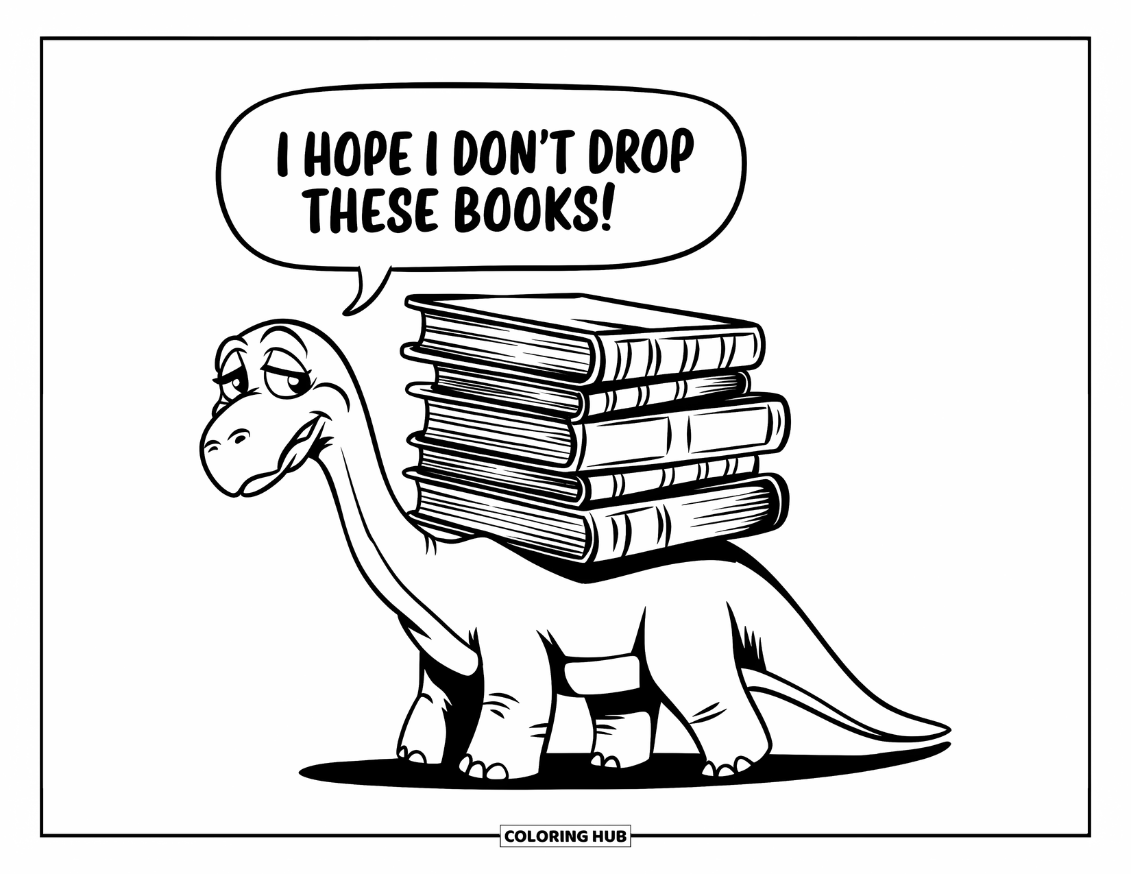 Dinosaurus Kleurplaat voor Kinderen: Een bezorgde Diplodocus probeert te voorkomen dat hij een stapel boeken op zijn rug laat vallen