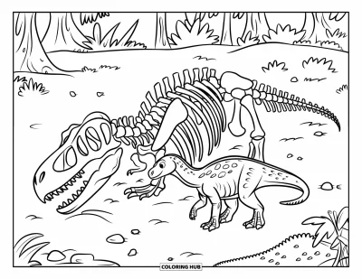 Dinoszaurusz kifestő gyerekeknek: Egy fiatal dinó kíváncsian szagolgat egy dinóvázat az erdőben