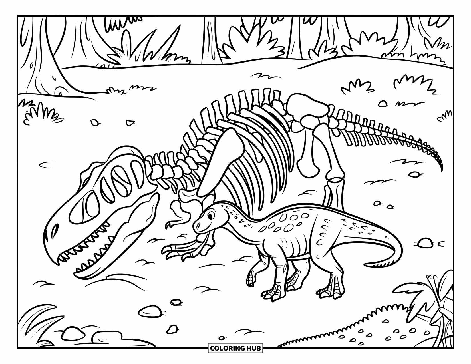 Dinosaurus Kleurplaat voor Kinderen: Een jonge dinosaurus snuffelt nieuwsgierig aan een dinosaurusskelet in een bos