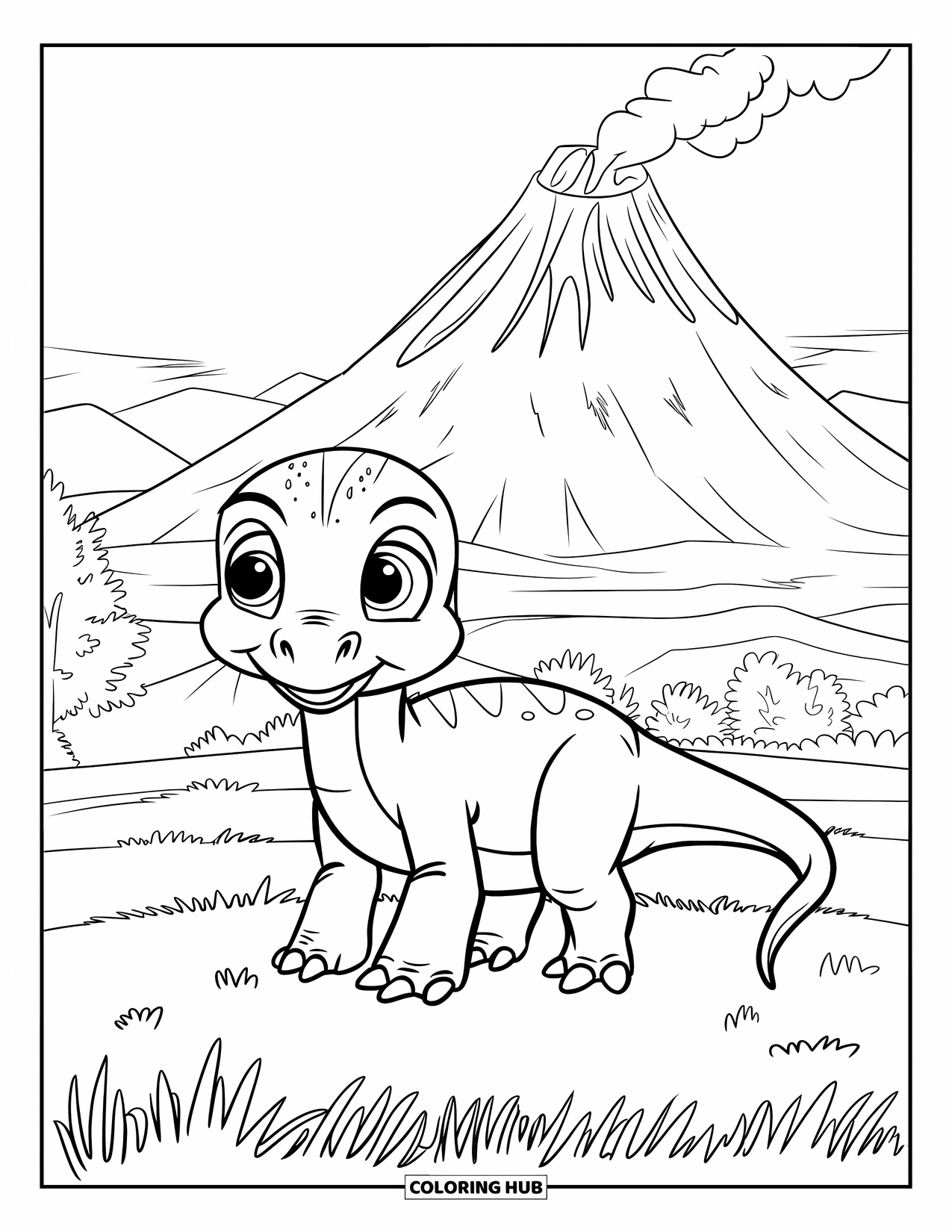 Dinosaurus Kleurplaat voor Kinderen: Een jonge dinosaurus staat voor een rokende vulkaan en kijkt nieuwsgierig