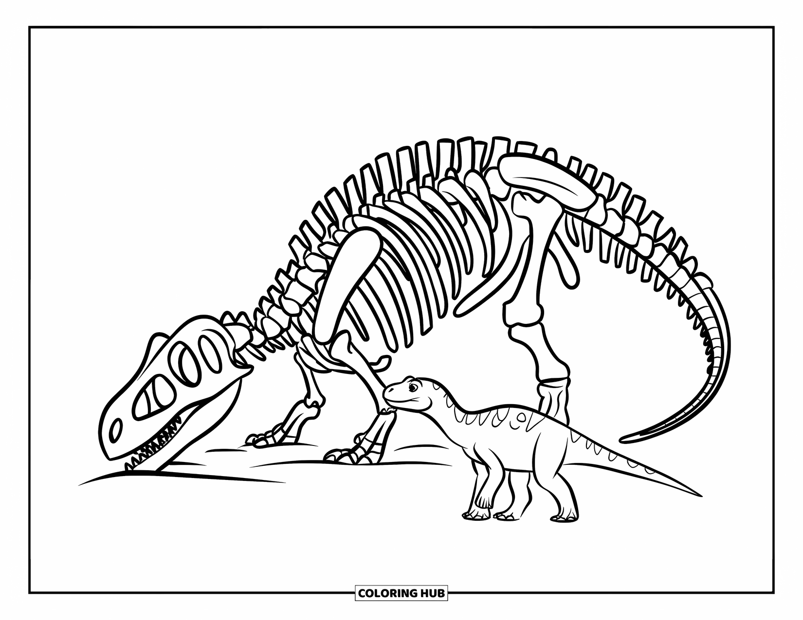 Dinosaurus Kleurplaat voor Kinderen: Een jonge dinosaurus snuffelt aan een gedeeltelijk blootgelegd dinosaurusskelet