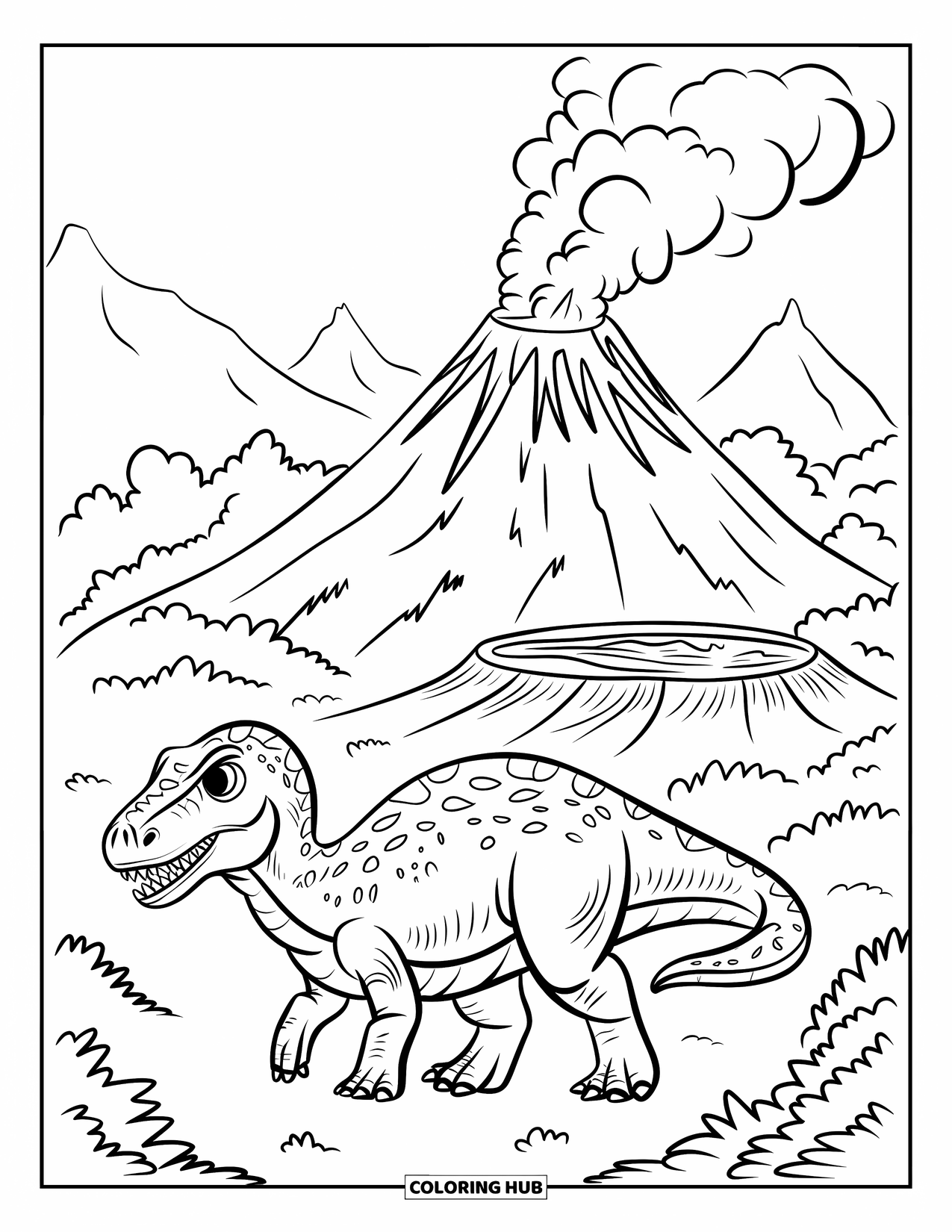 Dinosaurus Kleurplaat voor Kinderen: Een jonge dinosaurus staat voor een oude vulkaan met opstijgende rook