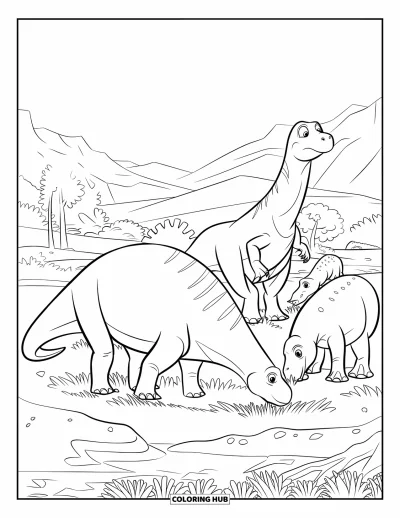 Dinoszaurusz kifestő gyerekeknek: Dinoszauruszok legelésznek egy tó mellett, egyikük óvatosan felnéz