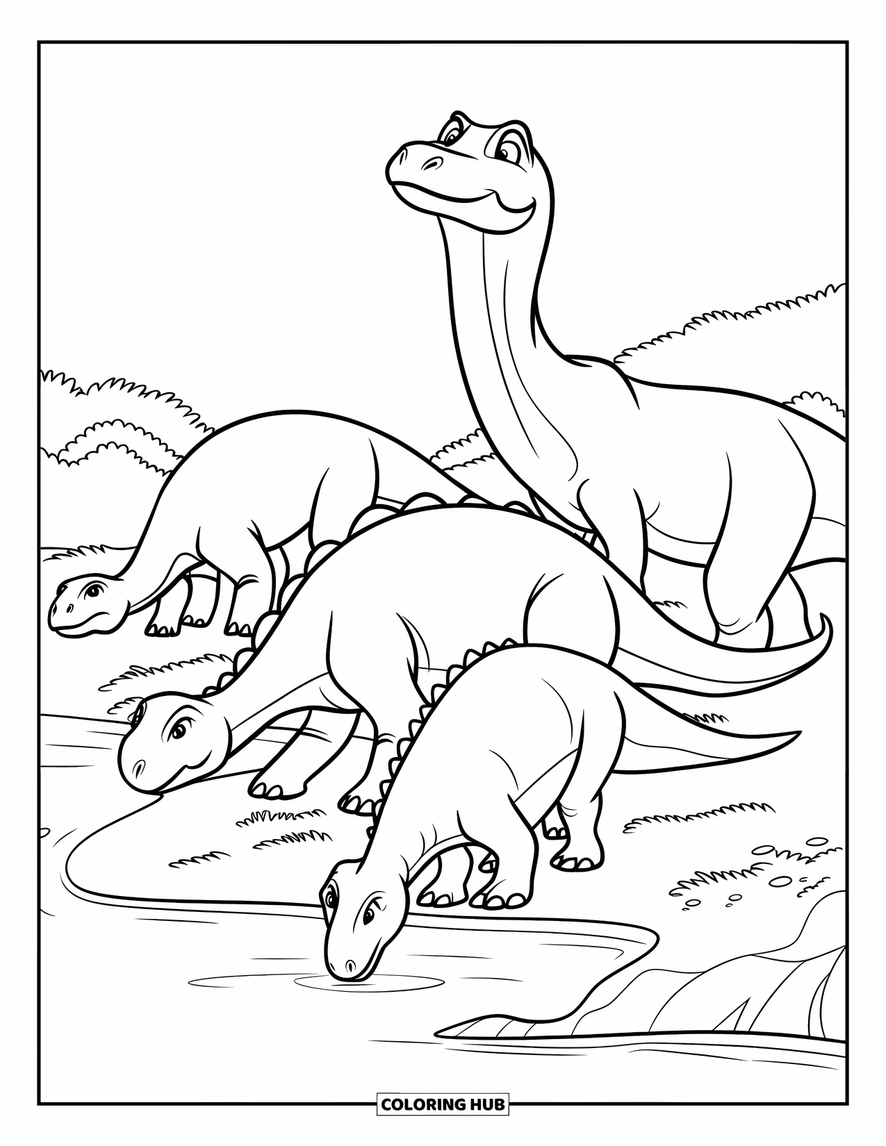 Dinosaur Kleurplaat voor Kinderen: Dinosaurussen grazen vredig bij een meer, één voelt gevaar aan