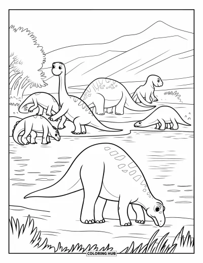 Dinoszaurusz kifestő gyerekeknek: Növényevő dinoszauruszok békésen legelésznek egy tó közelében