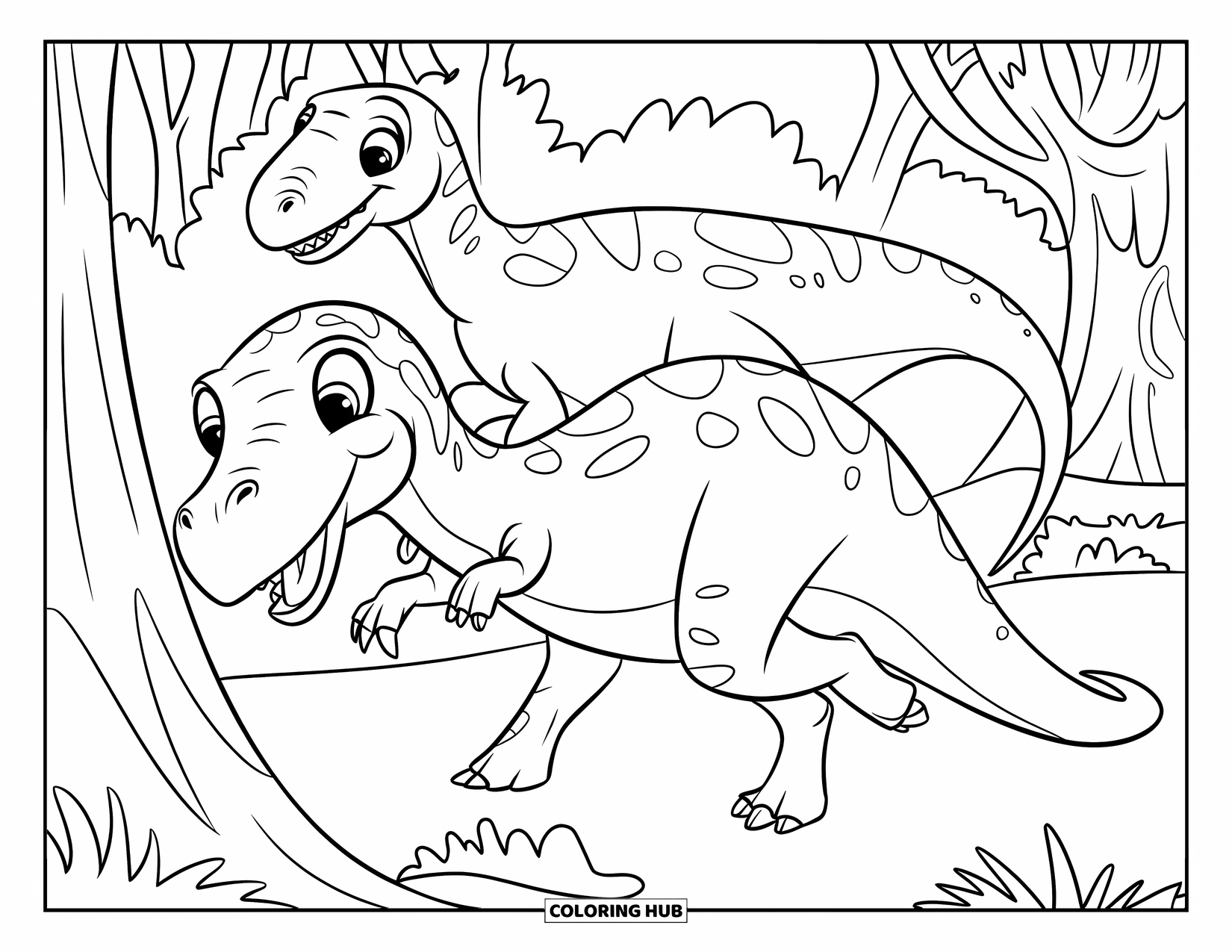 Dinosaur Kleurplaat voor Kinderen: Twee dinosaurussen jagen speels achter elkaar aan door een bos