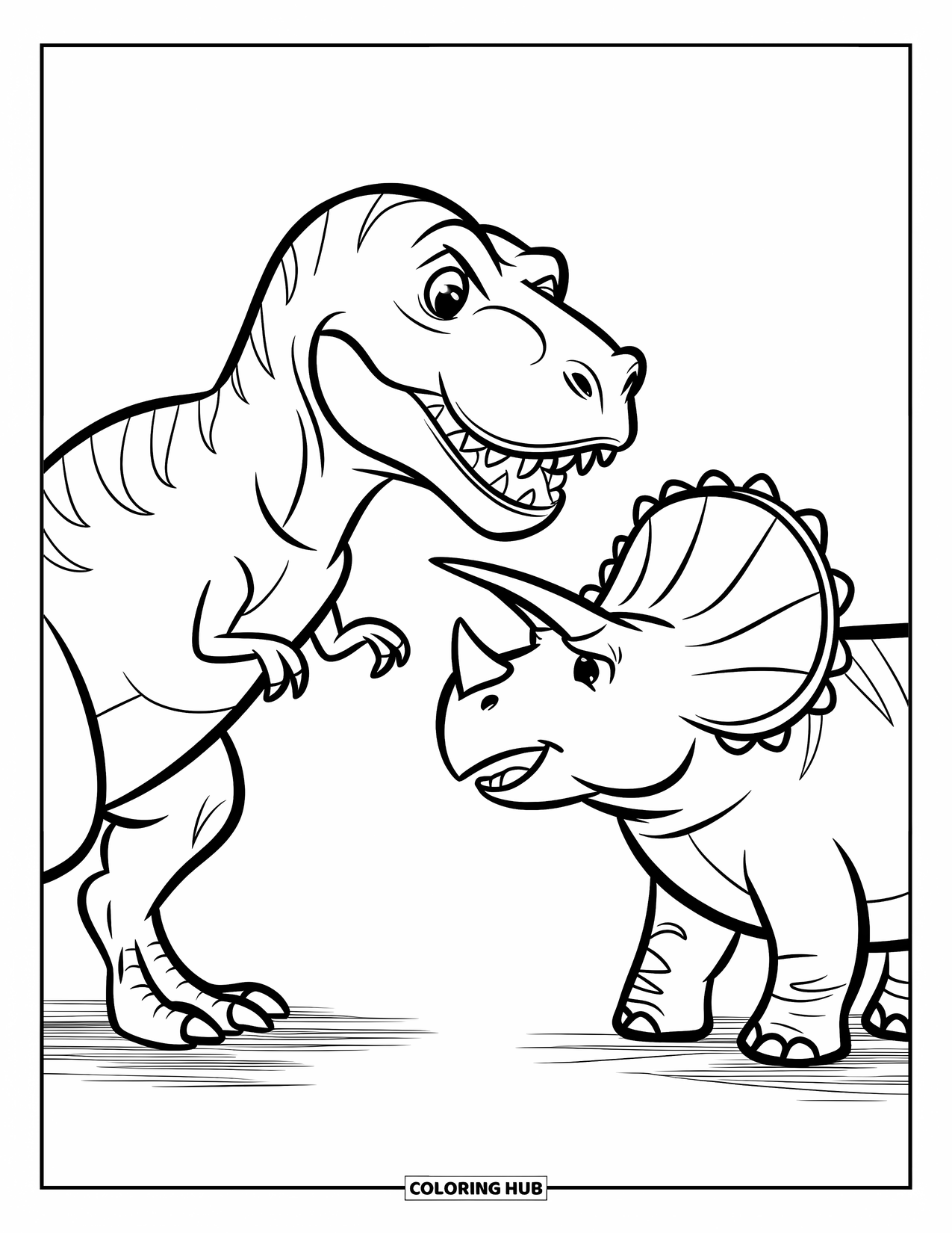 Dinosaurus Kleurplaat voor Kinderen: Twee vriendelijke dinosaurussen schudden elkaar de hand in een bos