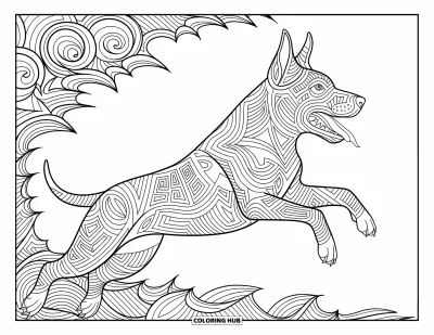 Kolorowanka z psami dla dorosłych: Owczarek belgijski malinois w skoku jest ozdobiony misternymi wzorami tribal, tworząc wyrazisty projekt