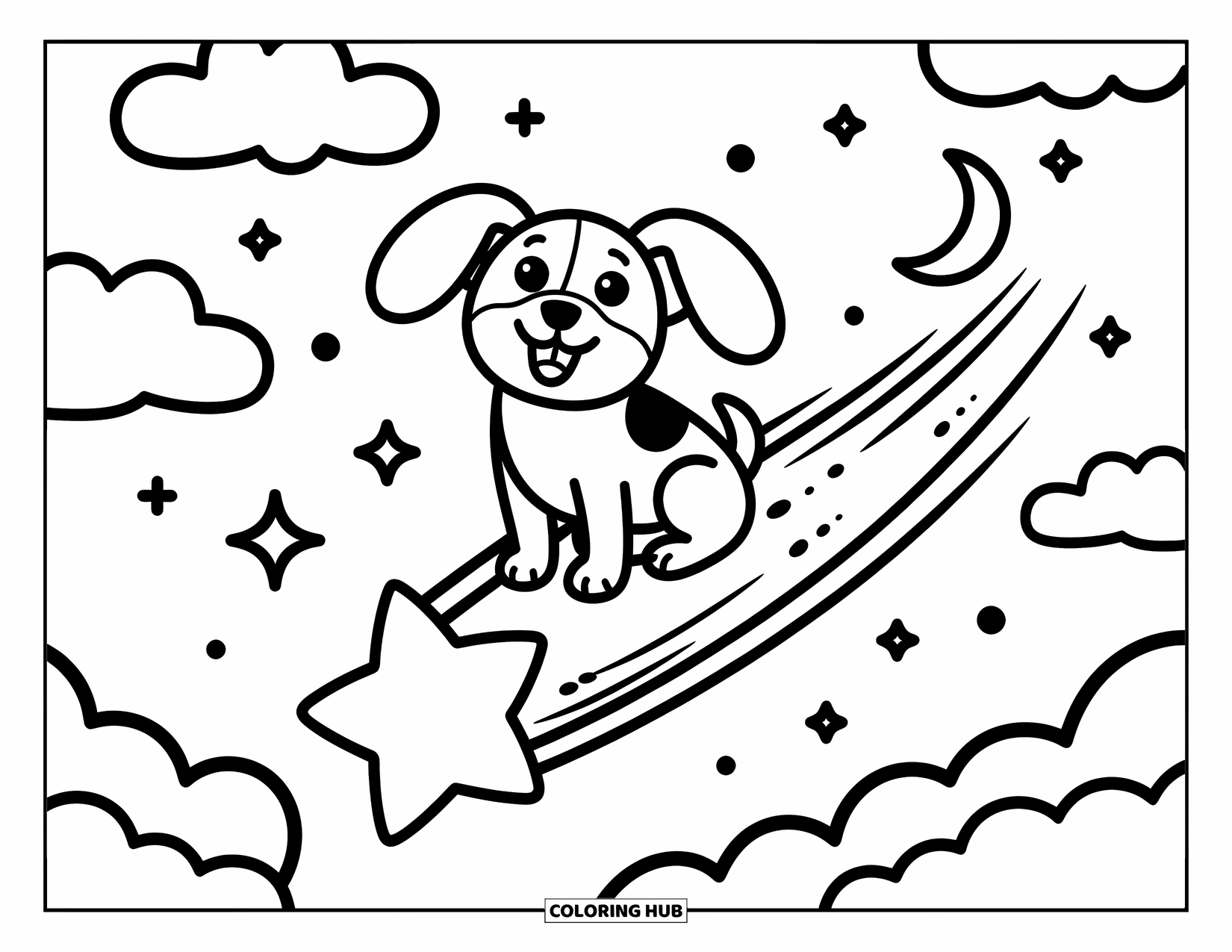Kolorowanka z psem dla dorosłych: Radosny beagle pędzi na spadającej gwieździe, a uszy trzepoczą na wietrze