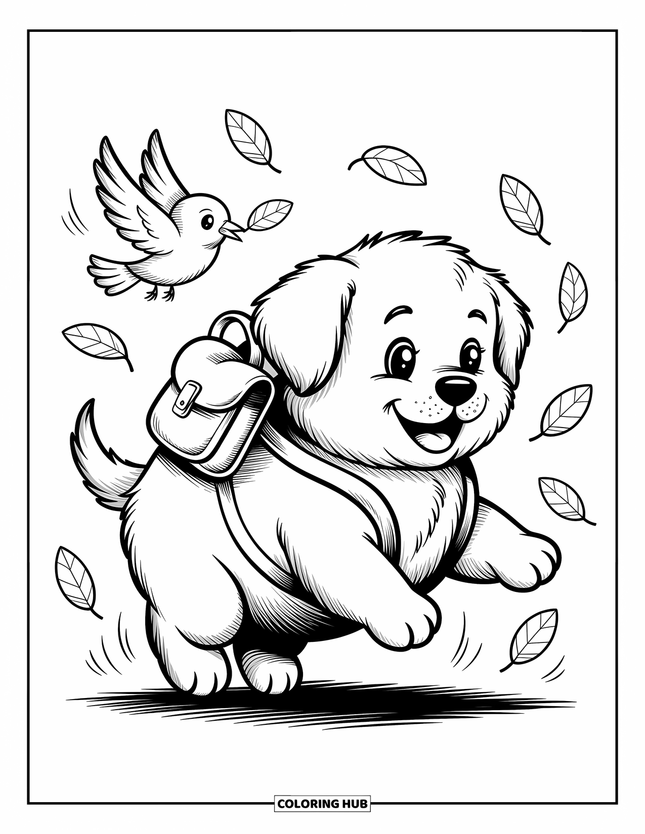 Kolorowanka z psem dla dorosłych: Radosny szczeniak golden retrievera z plecakiem idzie z podekscytowaniem, otoczony pływającymi liśćmi
