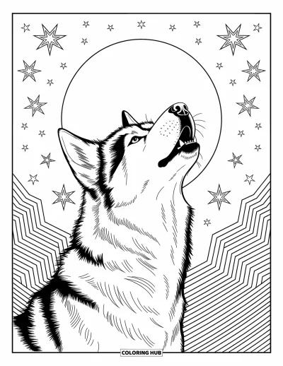 Kolorowanka z psami dla dorosłych: Dostojny husky unosi głowę ku niebu, otoczony misternymi kosmicznymi motywami