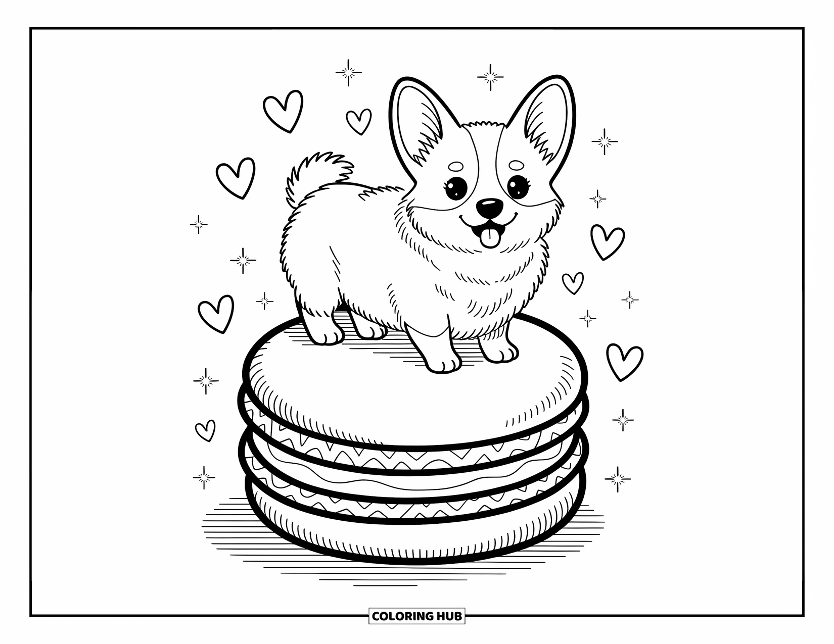 Kolorowanka z psem dla dorosłych: Figlarny corgi siedzi na gigantycznym makaroniku, a jego uszy są nastawione z podekscytowania