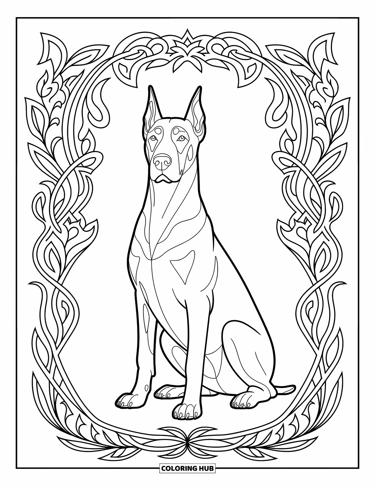 Kolorowanka z psem dla dorosłych: Królewski Doberman siedzi w pozycji czujnej, otoczony ozdobną kwiatową ramą z pnączy i liści