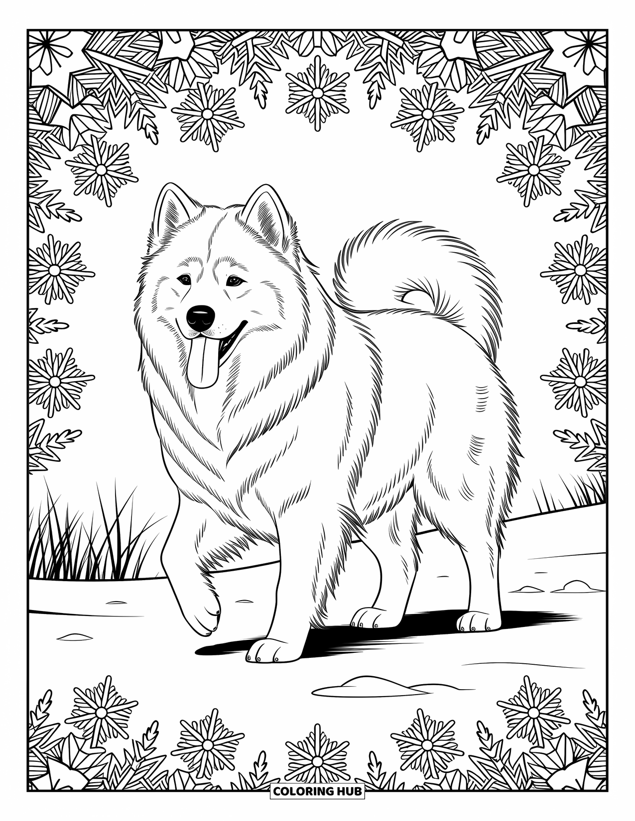 Kolorowanka z psem dla dorosłych: Samoyed spaceruje po zimowej scenerii, otoczony delikatnymi, wirującymi mandalami z płatków śniegu
