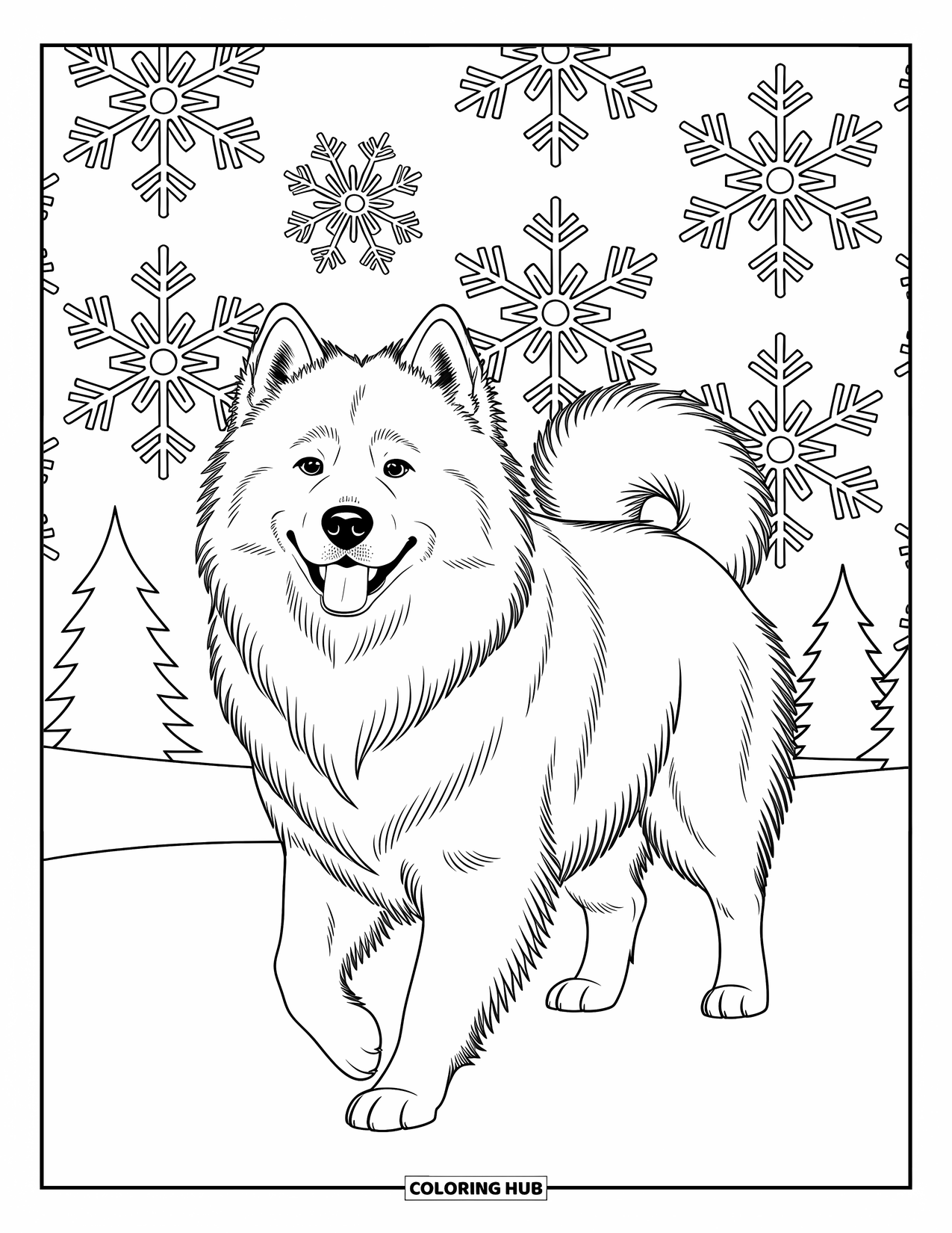 Kolorowanka z psem dla dorosłych: Samoyed spaceruje po skomplikowanym śnieżnym krajobrazie, otoczony hipnotyzującymi wzorami przypominającymi mandale