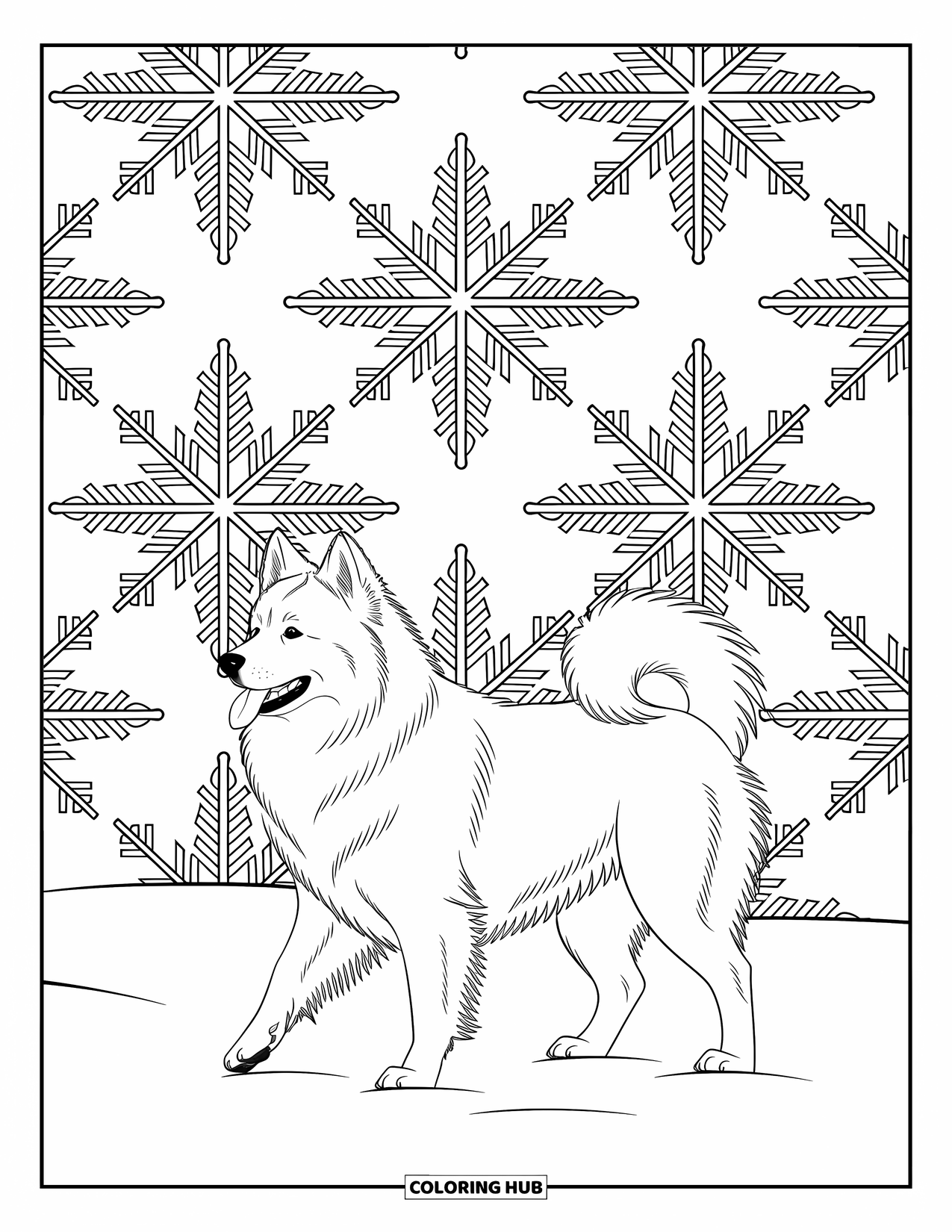 Kolorowanka z psem dla dorosłych: Spokojny Samoyed spaceruje po zimowej krainie czarów, otoczony eleganckimi wzorami płatków śniegu