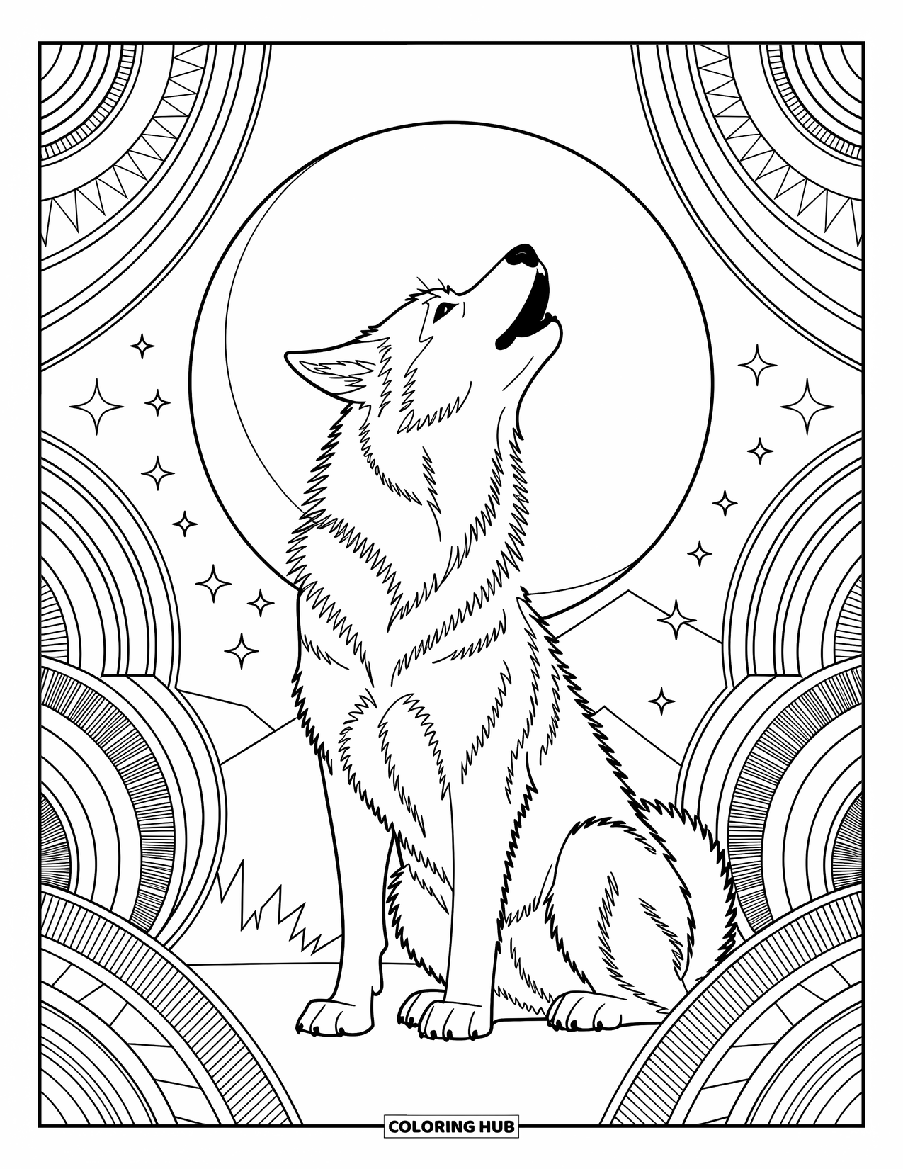 Kolorowanka z psem dla dorosłych: Siberian Husky wyje do księżyca, otoczony ciałami niebieskimi i geometrycznymi wzorami