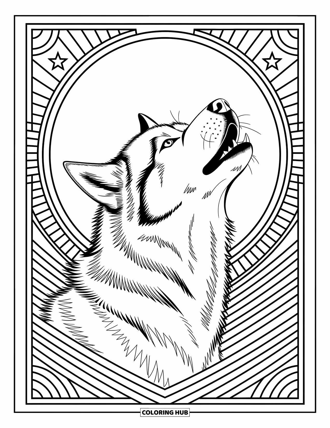 Kolorowanka z psem dla dorosłych: Siberian Husky wyje do księżyca, otoczony ciałami niebieskimi i geometrycznymi wzorami