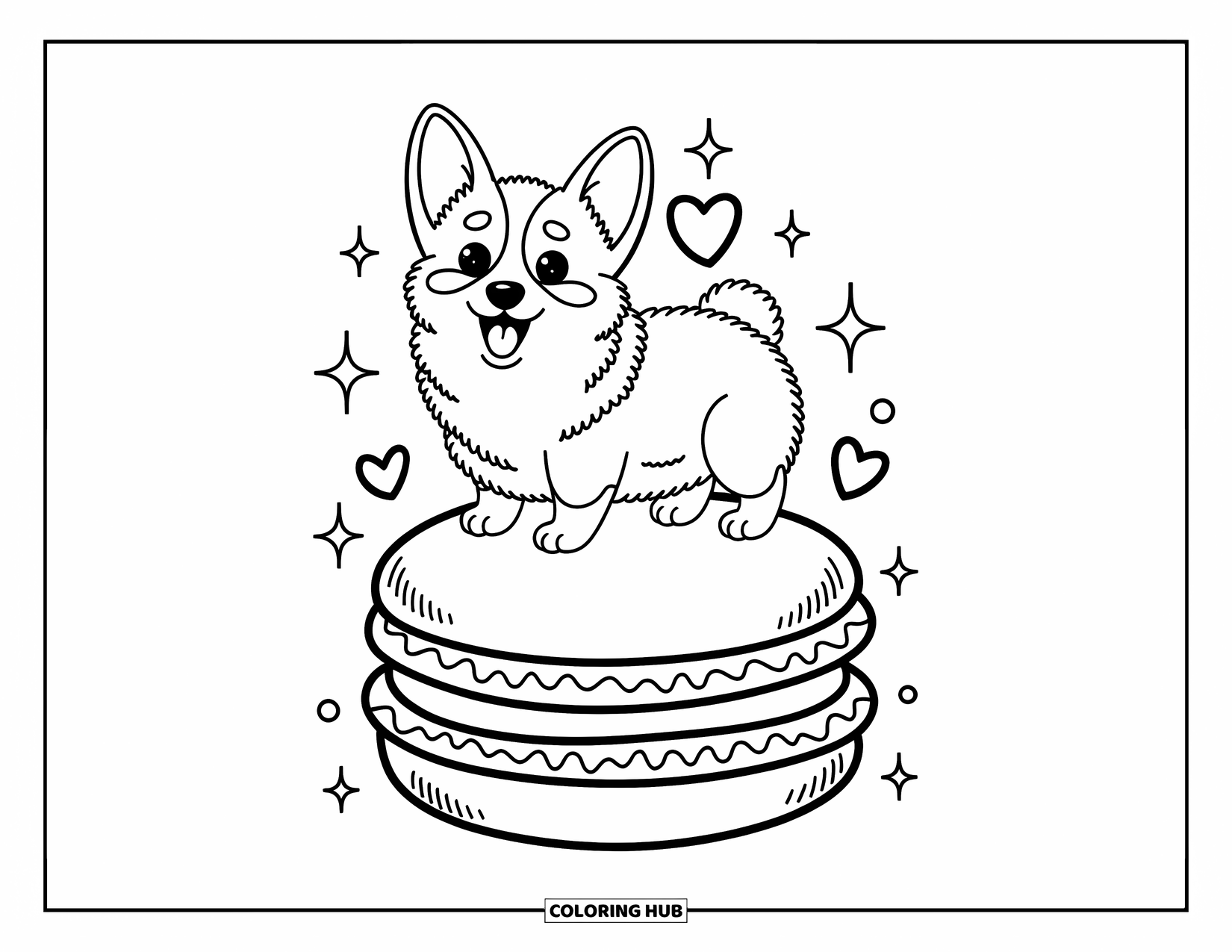 Kolorowanka z psem dla dorosłych: Mały corgi balansuje na gigantycznym makaroniku, otoczony pływającymi sercami i iskierkami