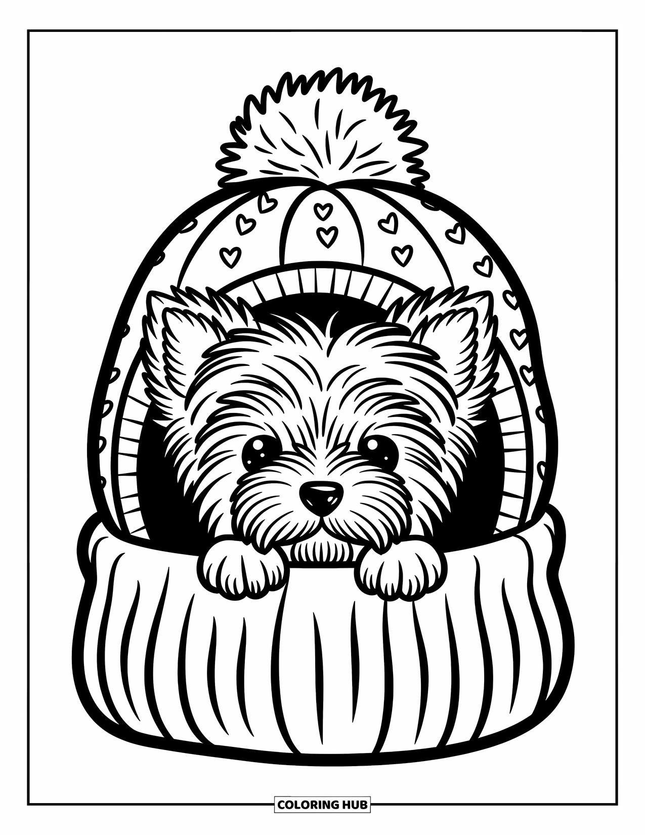 Kolorowanka z psem dla dorosłych: Mały szczeniak rasy yorkshire terrier wygląda z ciepłej dzierganej czapki, a jego łapy spoczywają na krawędzi