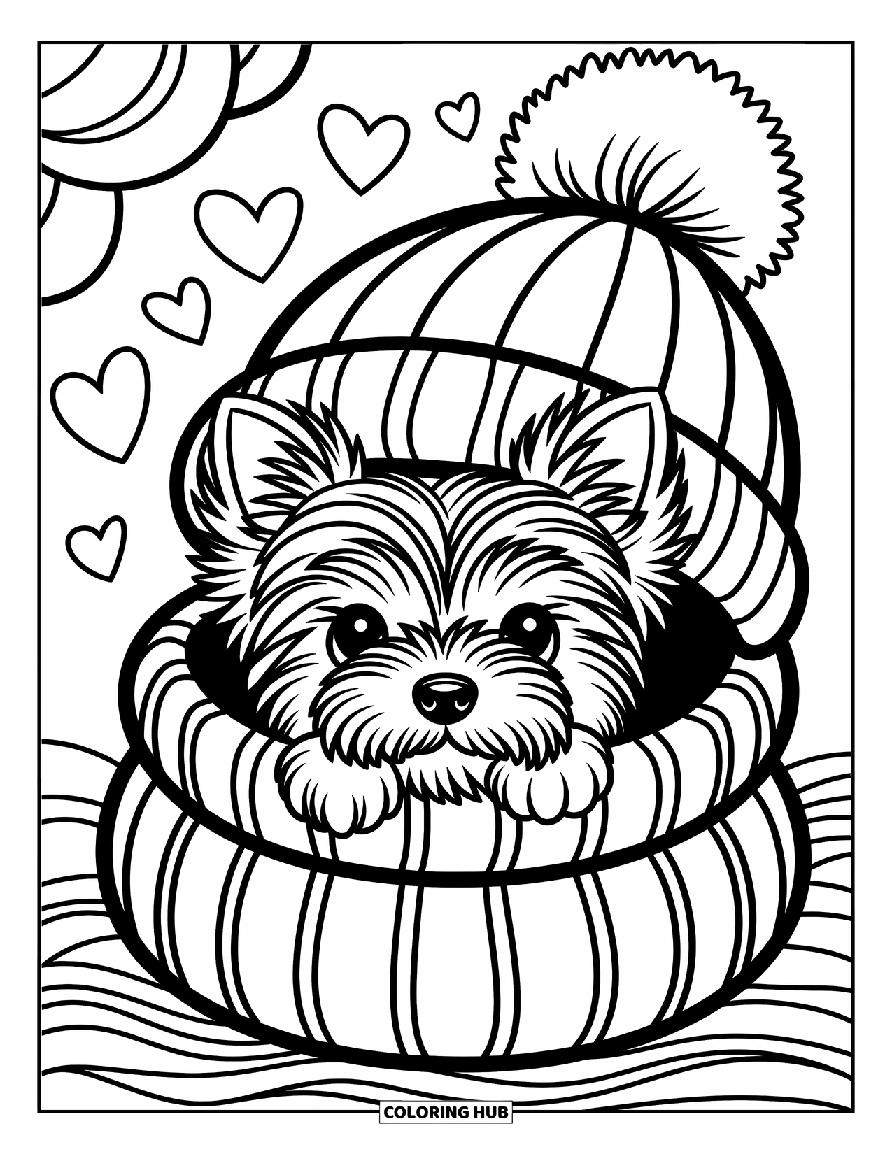 Kolorowanka z psem dla dorosłych: Mały szczeniak rasy yorkshire terrier odpoczywa w przytulnej dzierganej czapce, a jego puszysta twarz wygląda na zewnątrz
