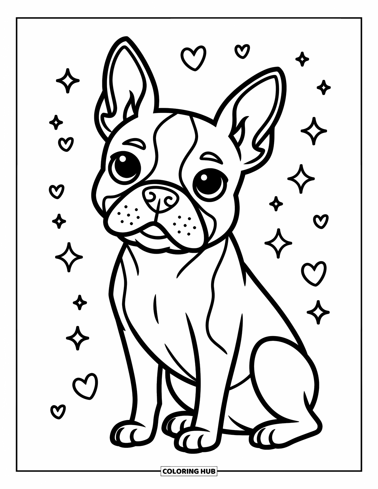 Kolorowanka z psem dla dzieci: Boston Terrier siedzi z błyszczącymi oczami i przechyloną głową, otoczony drobnymi sercami i gwiazdami