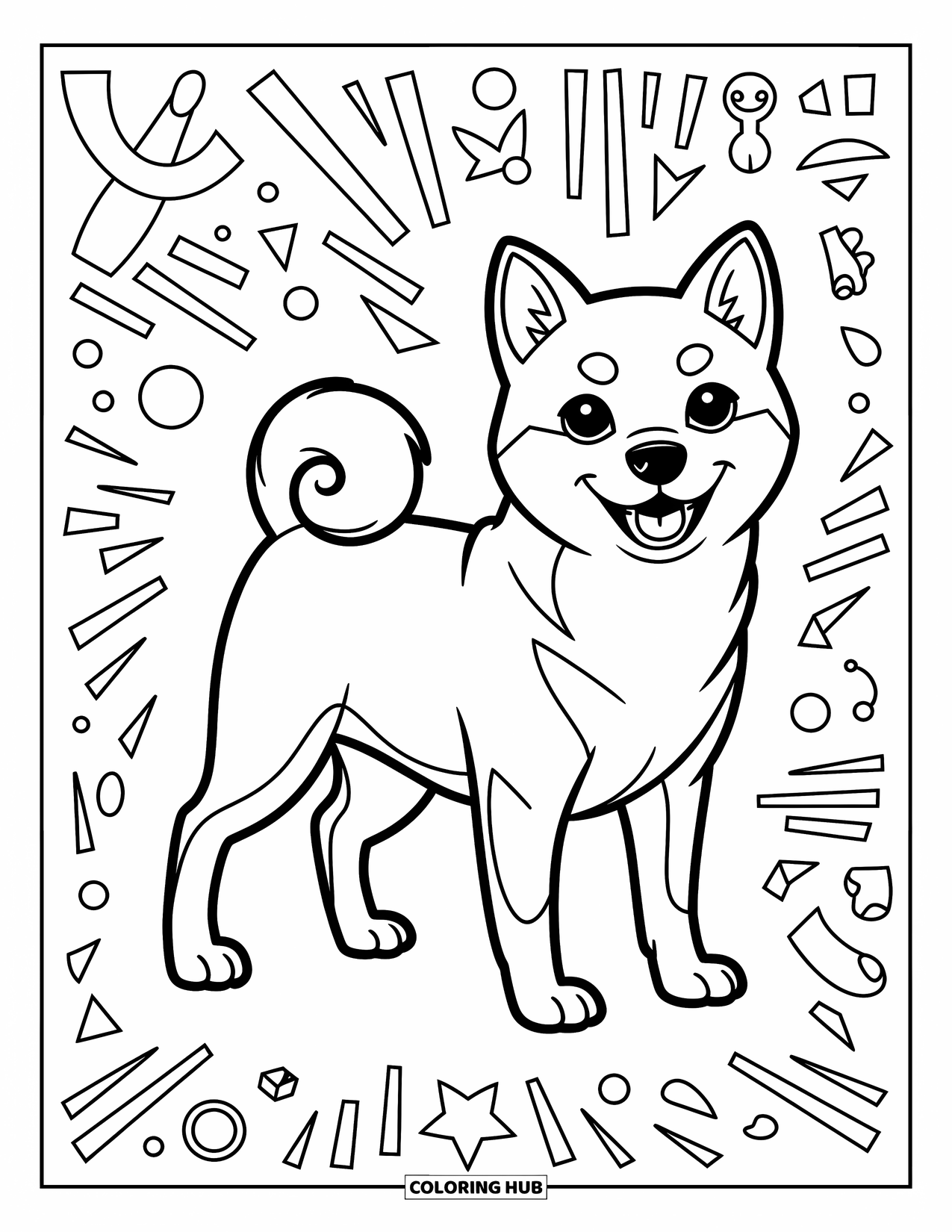 Kolorowanka z psem dla dzieci: Uroczy Shiba Inu stoi dumnie, z ogonem zakręconym wysoko, otoczony figlarnymi geometrycznymi wzorami