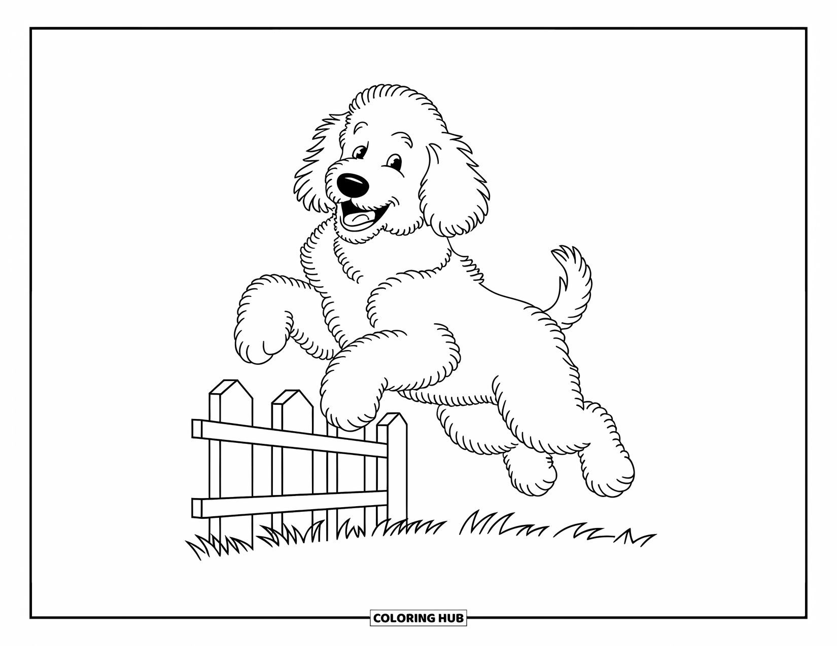 Kolorowanka z psem dla dzieci: Wesoły Goldendoodle z kręconą sierścią przeskakuje przez drewniany płot, pełen figlarnej ekscytacji