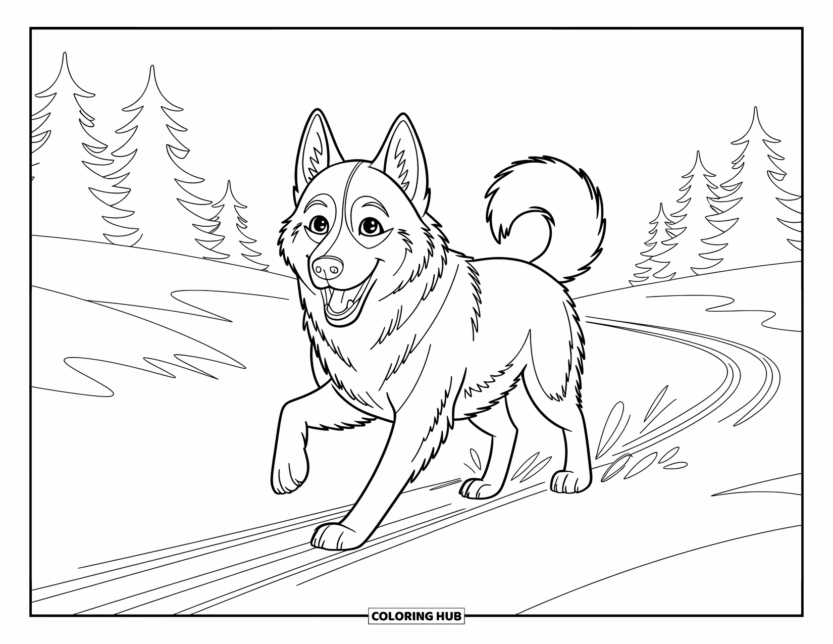Kolorowanka z psem dla dzieci: Przyjazny Siberian Husky biegnie przez śnieg, zostawiając za sobą wyraźne ślady