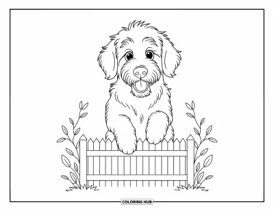 Kolorowanka z psami dla dzieci: Radosny goldendoodle przeskakuje przez mały drewniany płotek, a puszysta sierść podskakuje