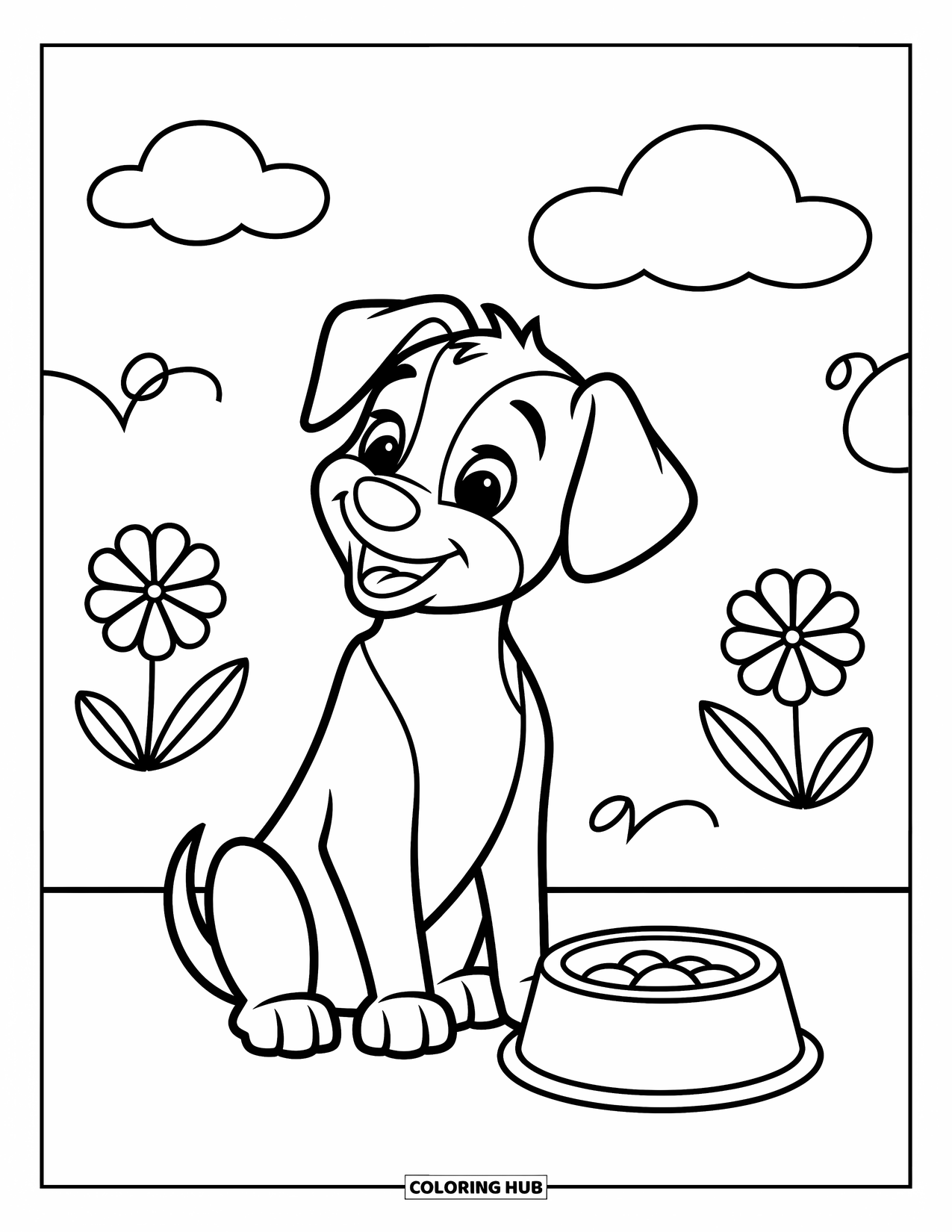 Desenho de cachorro para colorir para crianças: Um filhote alegre espera ao lado de uma tigela de comida, emoldurado por nuvens e flores extravagantes