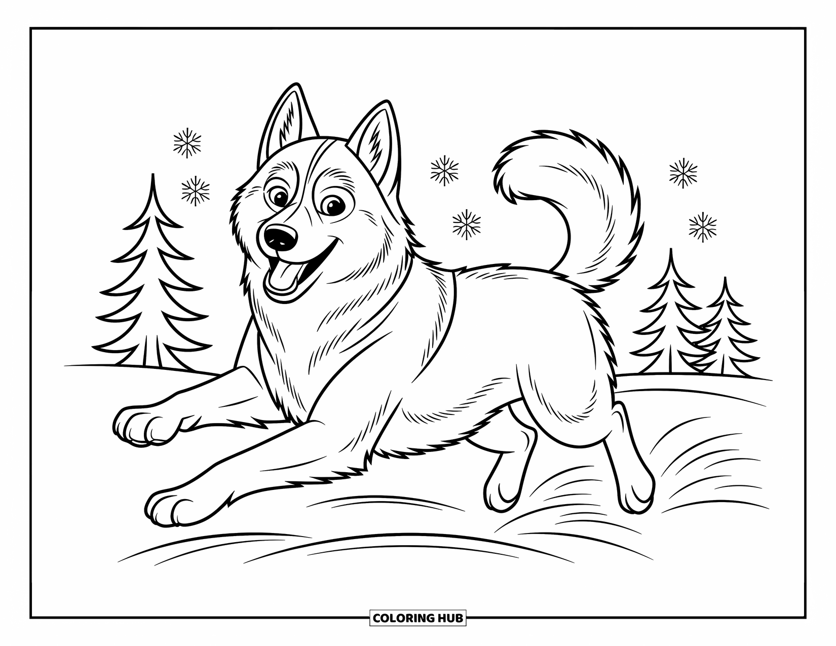 Kolorowanka z psem dla dzieci: Żwawy Siberian Husky pędzi przez śnieg, merdając radośnie ogonem z każdym krokiem