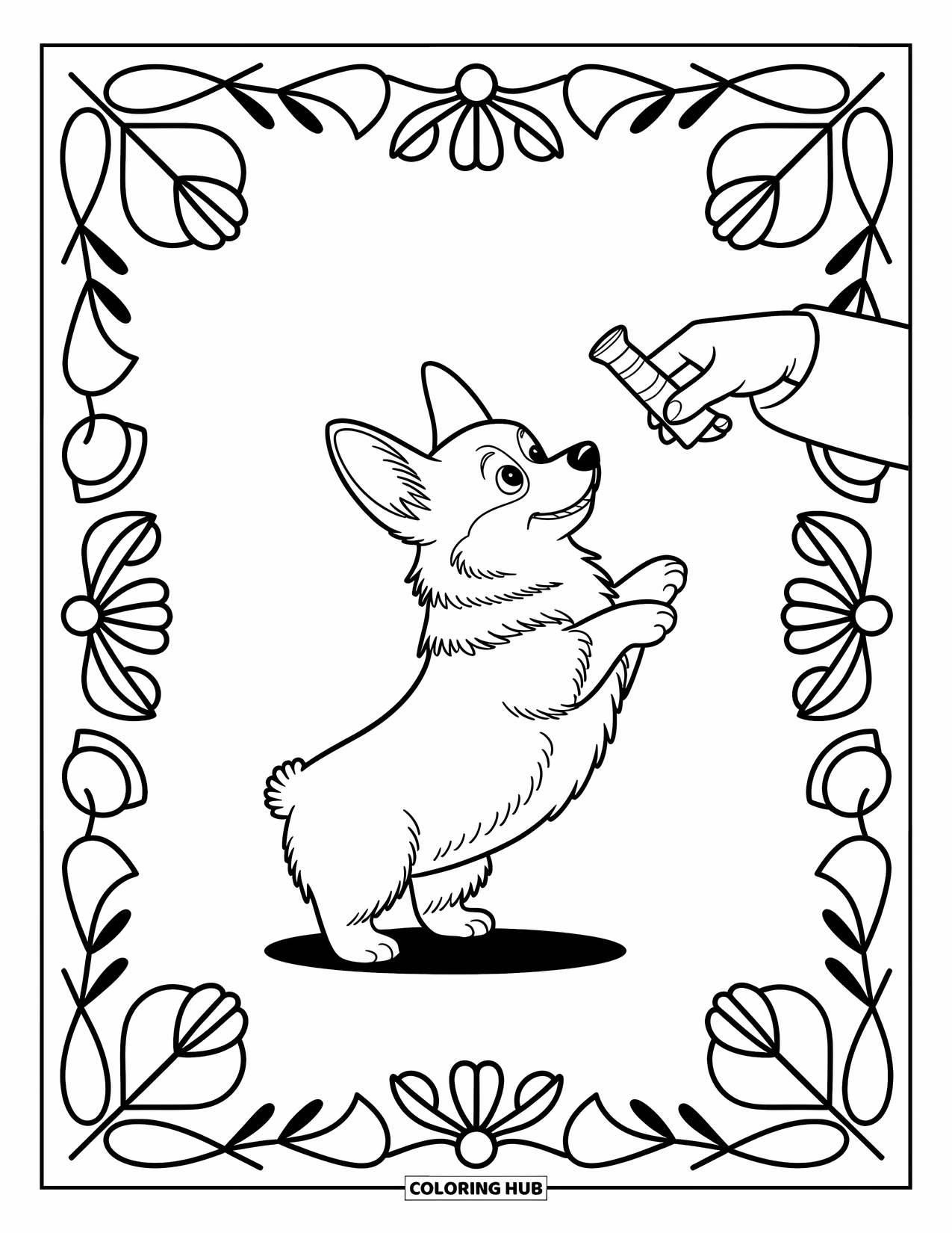 Kolorowanka z psem dla dzieci: Figlarny Corgi wyciąga się po smakołyk, otoczony fantazyjnymi geometrycznymi wzorami