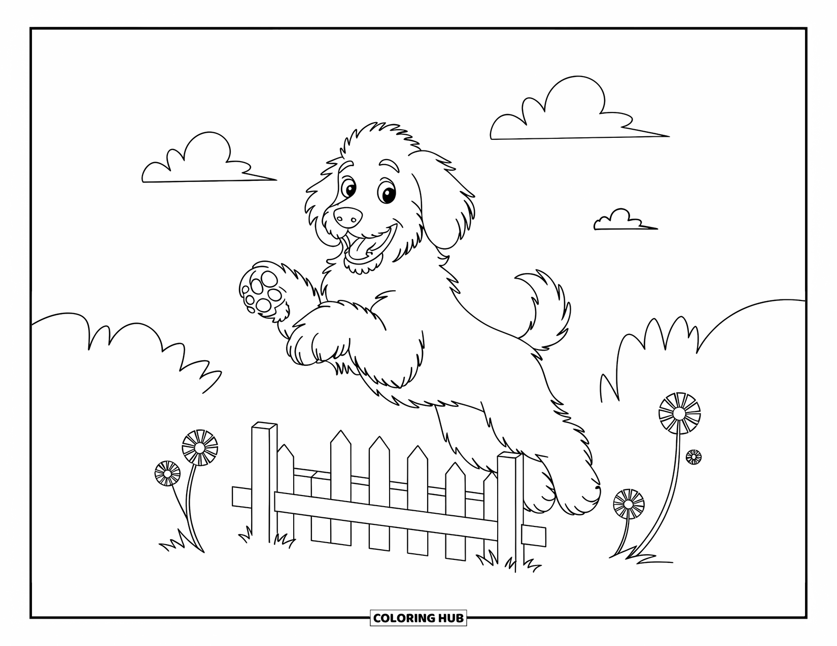 Kolorowanka z psem dla dzieci: Figlarny goldendoodle przeskakuje przez drewniany płot, z uszami opadającymi i ogonem merdającym z radości