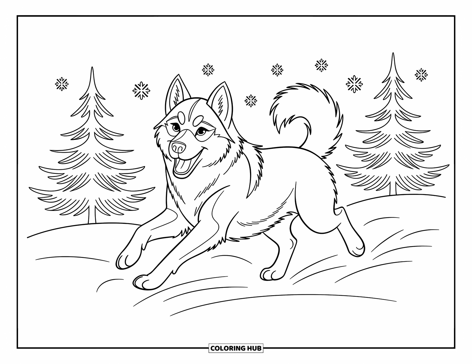 Kolorowanka z psem dla dzieci: Figlarny Siberian Husky pędzi przez śnieżny krajobraz, otoczony delikatnymi sosnami