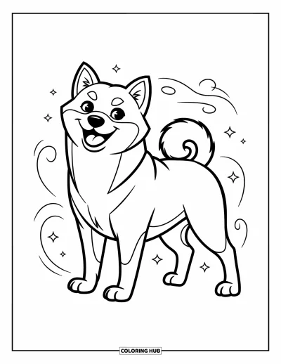 Kolorowanka z psami dla dzieci: Dumny shiba inu stoi pewnie z wysoko zakręconym ogonem i błyszczącymi oczami