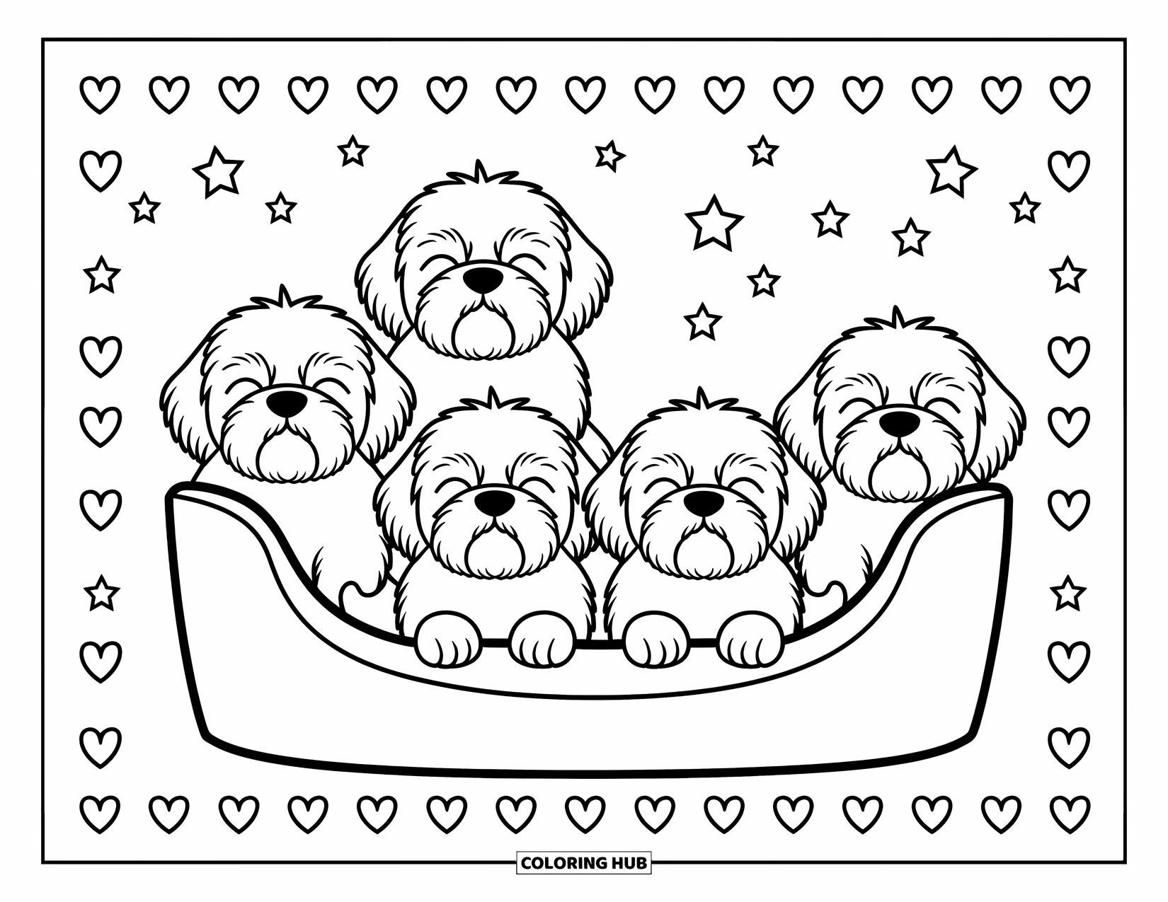 Kolorowanka z psem dla dzieci: Cztery urocze psy rasy shih tzu odpoczywają razem w legowisku, otoczone małymi sercami i gwiazdami