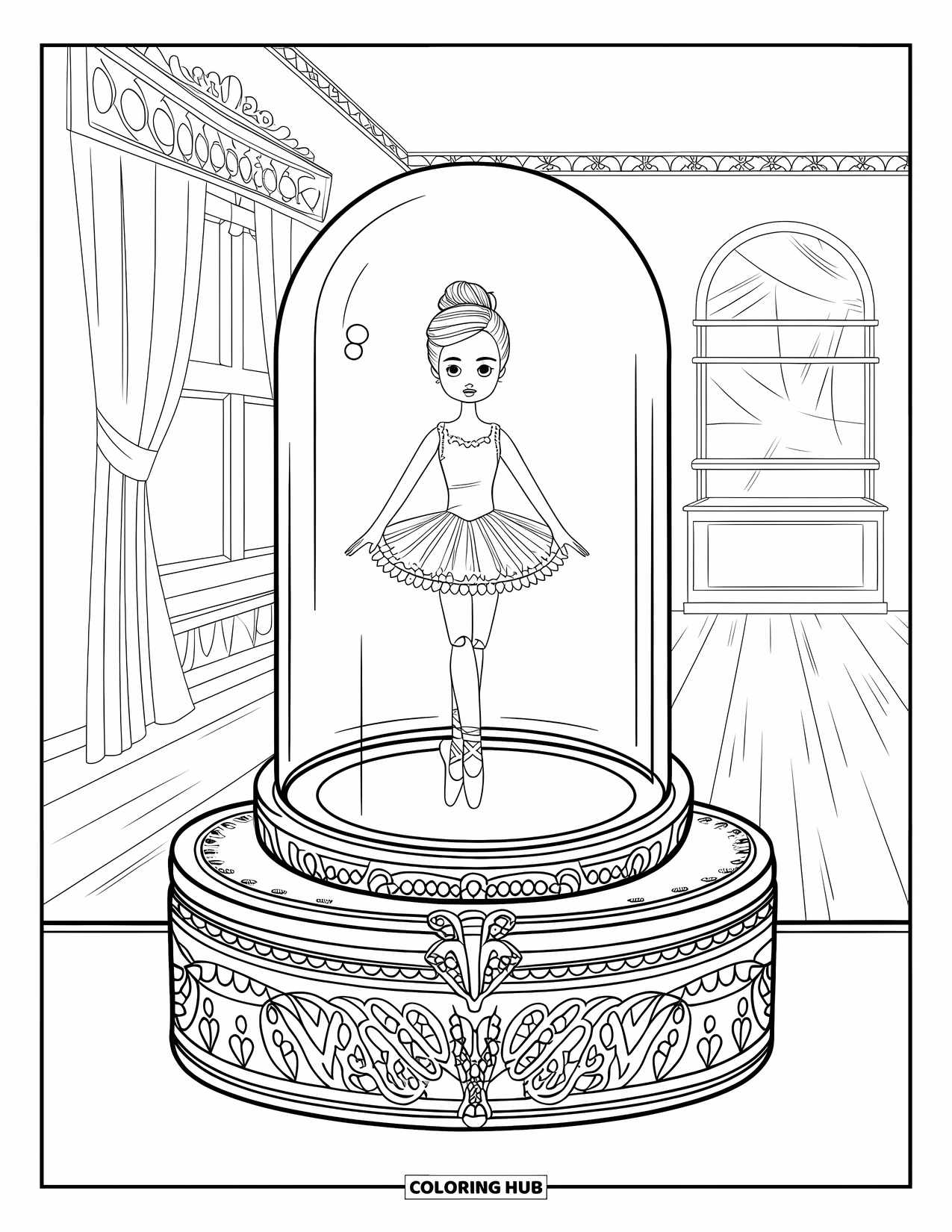 Disegno di bambola da colorare per adulti: una bambola ballerina in una cupola siede su un portagioie in una stanza in stile vintage