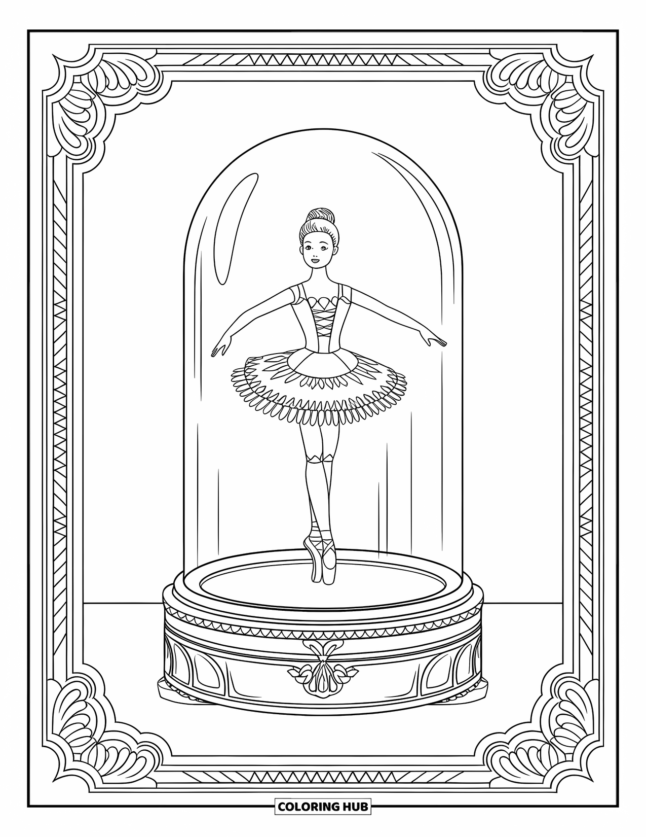 Disegno di bambola da colorare per adulti: una bambola ballerina si trova all'interno di una cupola di vetro su un portagioie vintage