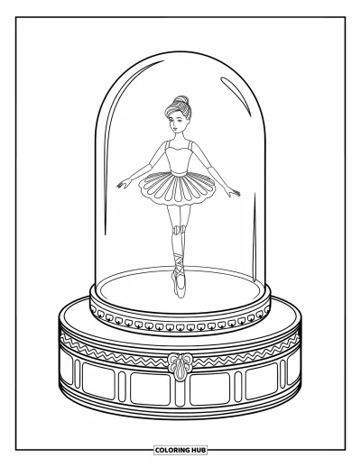 Dibujo para colorear de muñecas para adultos: Una muñeca bailarina gira dentro de una cúpula sobre una caja de joyería estampada