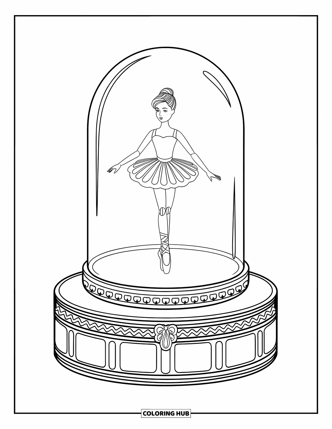 Disegno di una bambola da colorare per adulti: Una bambola ballerina volteggia all'interno di una cupola sopra un portagioie fantasia