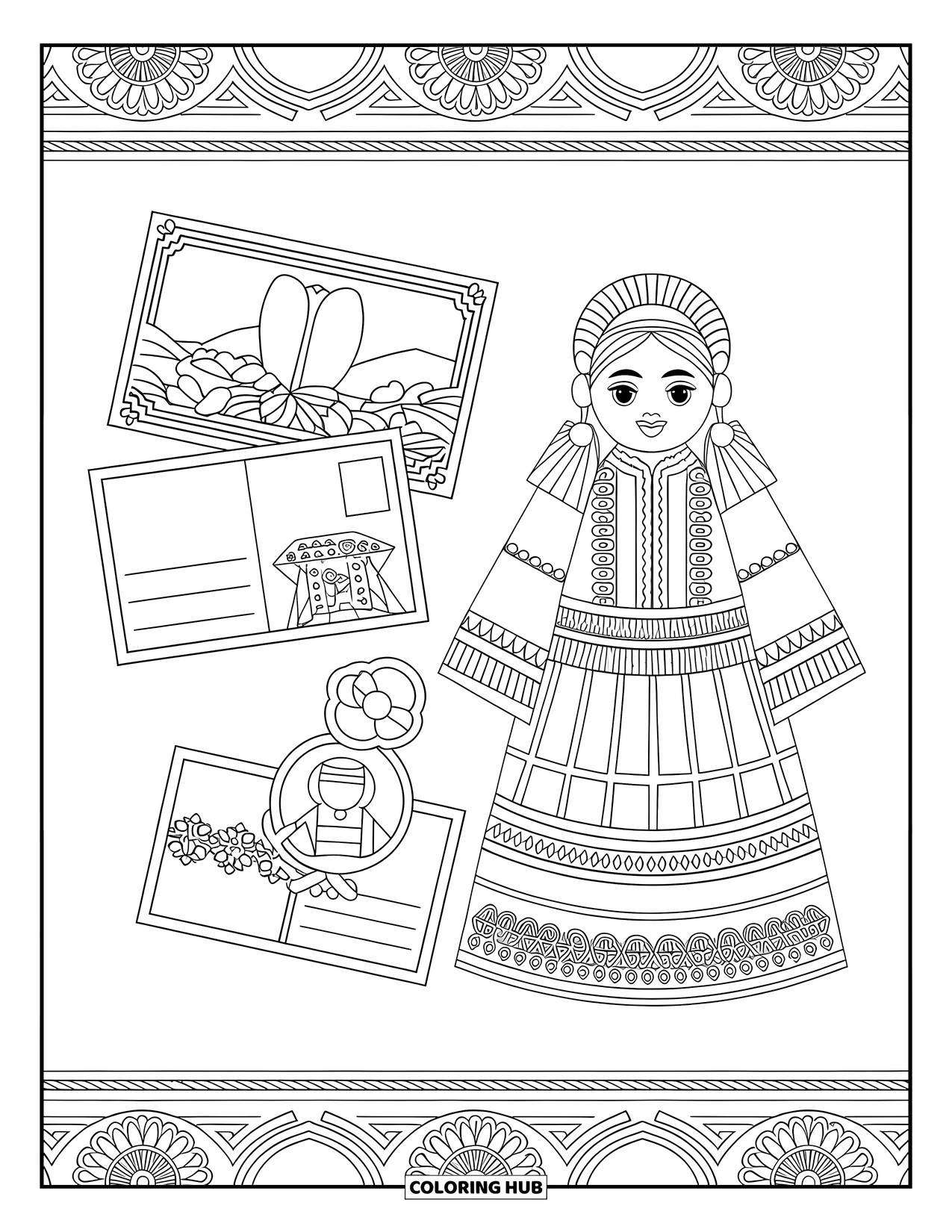 Disegno di bambola da colorare per adulti: una bambola culturale siede accanto a cartoline e ricordi con bordi decorativi