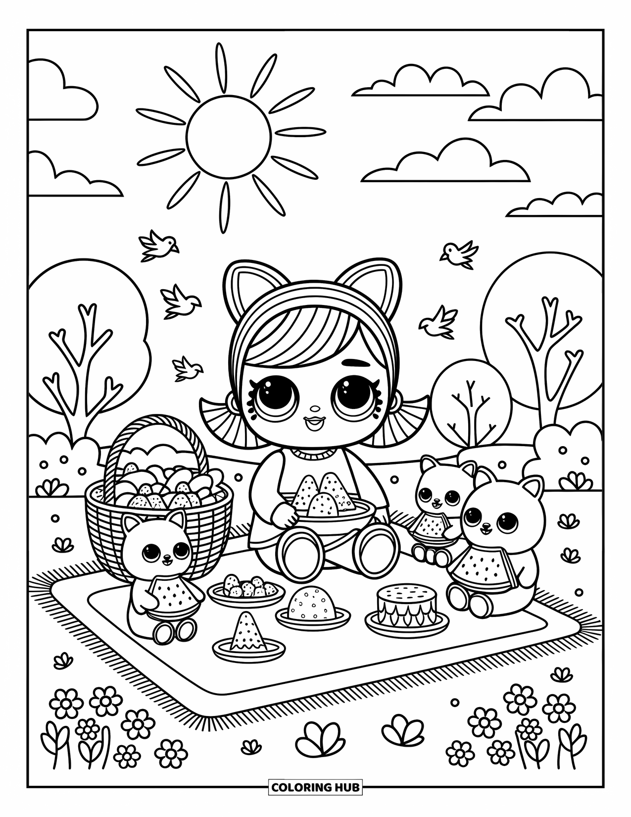 Disegno di una bambola da colorare per adulti: Una bambola si gode un picnic con snack, peluche e alberi sotto un cielo soleggiato