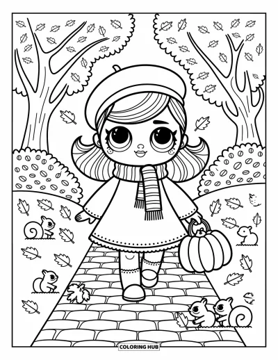 Dibujo para colorear de muñecas para adultos: Una muñeca disfruta de un paseo otoñal con hojas arremolinadas, ardillas y un atuendo acogedor