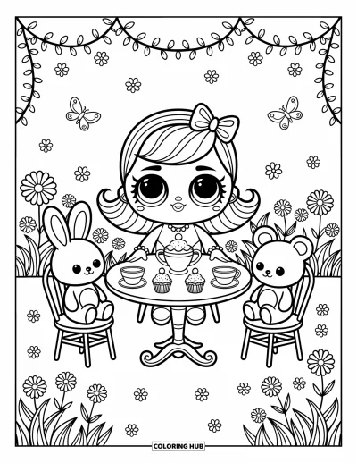 Dibujo para colorear de muñecas para adultos: Una muñeca disfruta del té en el jardín con pastelitos e invitados de peluche, un conejito y un oso de peluche