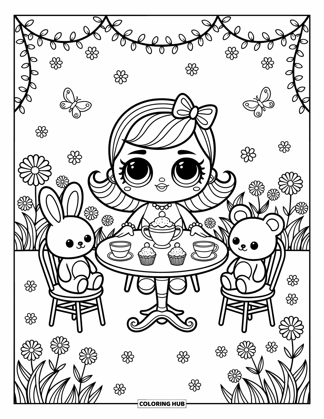 Disegno di una bambola da colorare per adulti: Una bambola si gode il tè in giardino con cupcake e ospiti coniglietto e orsacchiotto di peluche