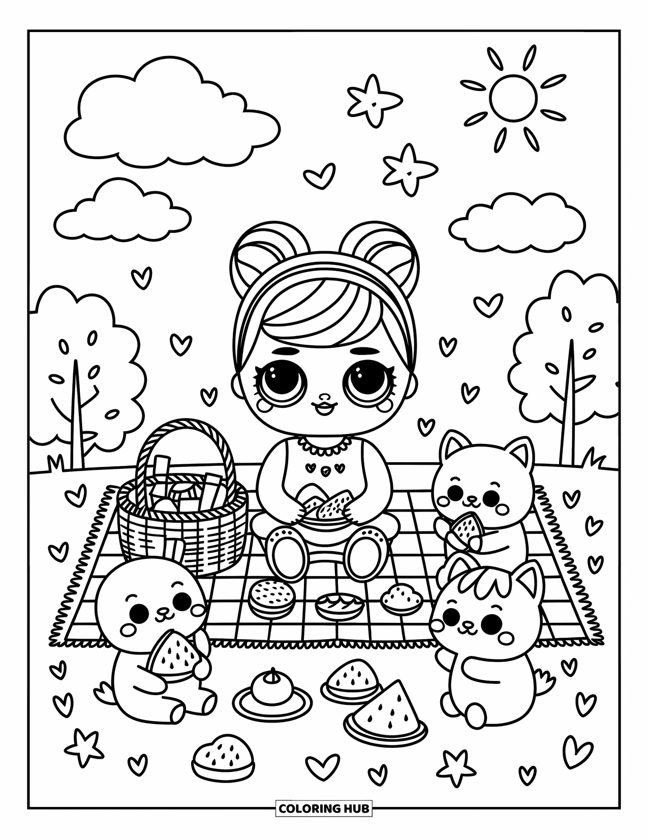 Disegno di una bambola da colorare per adulti: Una bambola fa un picnic accogliente con amici animali, snack e una fetta di anguria